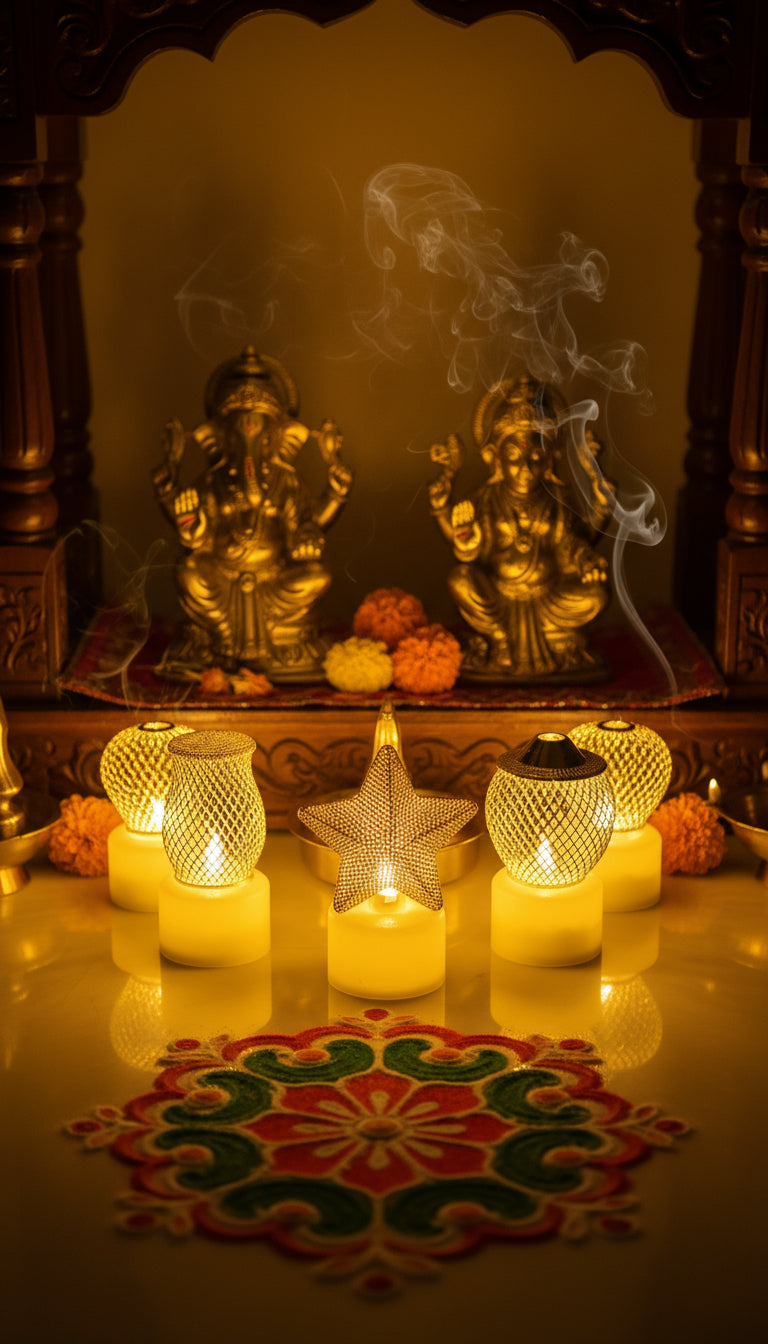 olden Net LED Tealight Candle Lanterns Star (6 pcs) – Premium Diwali Home Décor Lights | ₹999 Offer | Safe Flameless LED Diyas for Temple, Balcony & Living Room