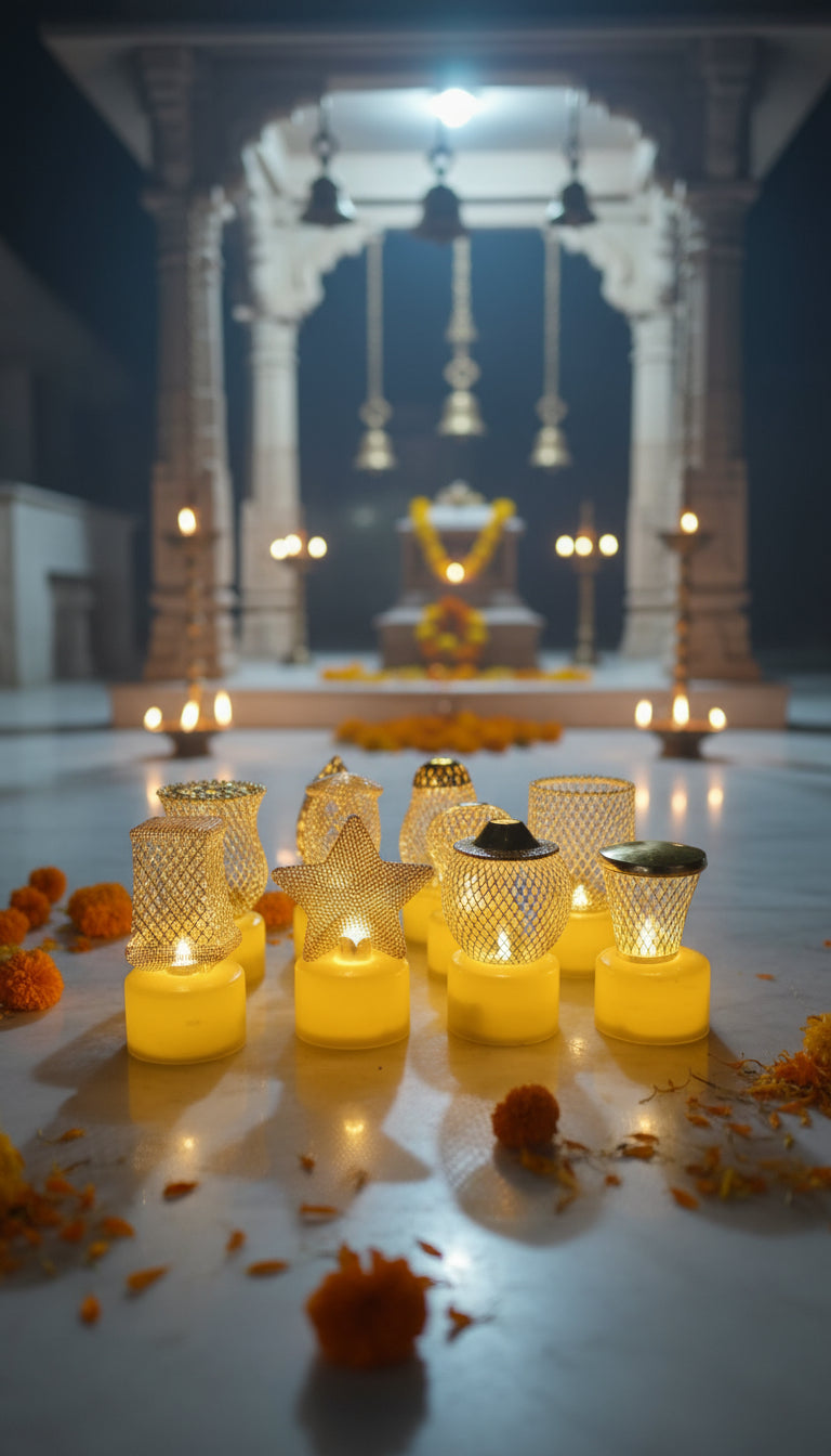 olden Net LED Tealight Candle Lanterns Star (6 pcs) – Premium Diwali Home Décor Lights | ₹999 Offer | Safe Flameless LED Diyas for Temple, Balcony & Living Room