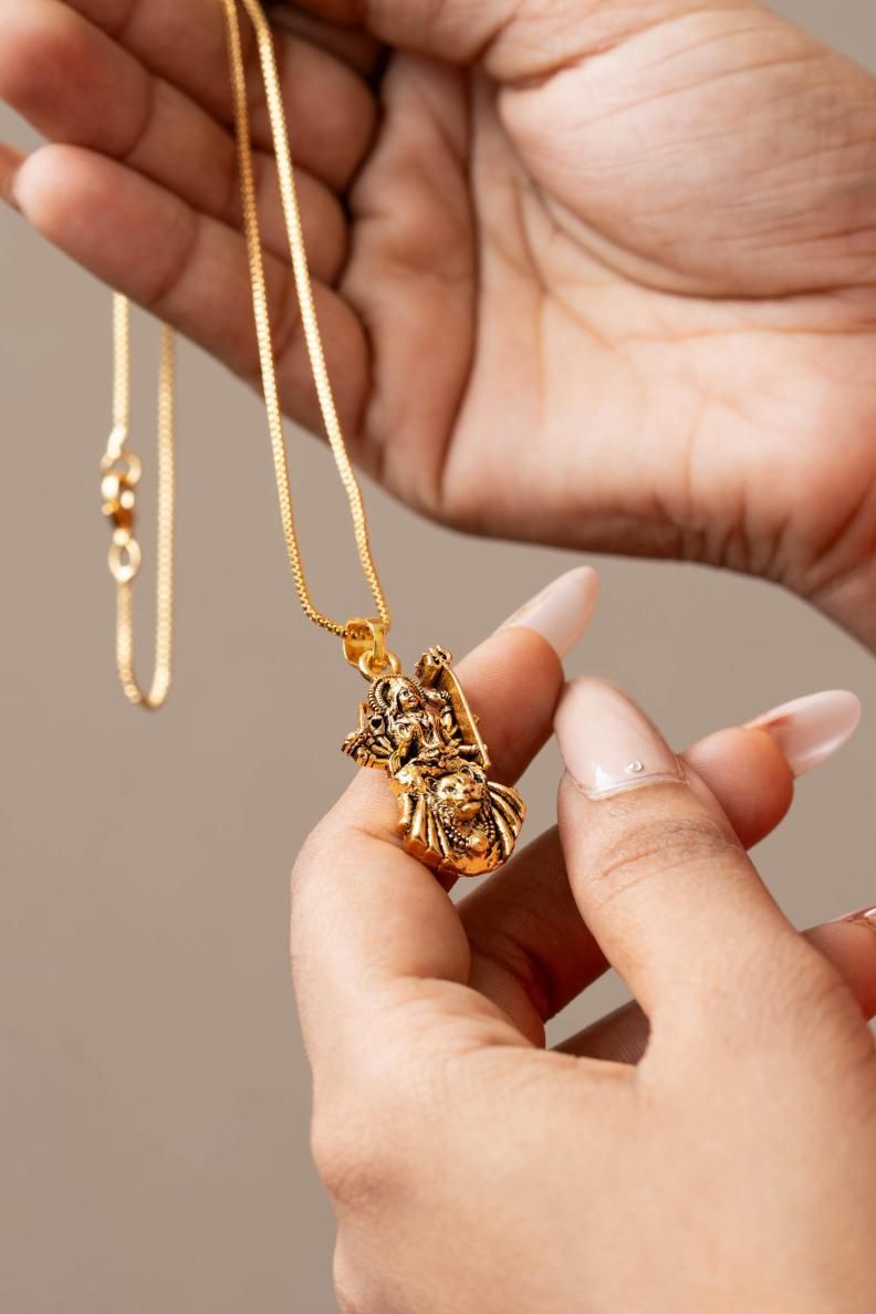 Gold Plated Ambe Mataji Pendant with Chain | Spiritual Goddess Durga Necklace for Women & Men | Religious Jewelry for Protection & Blessings